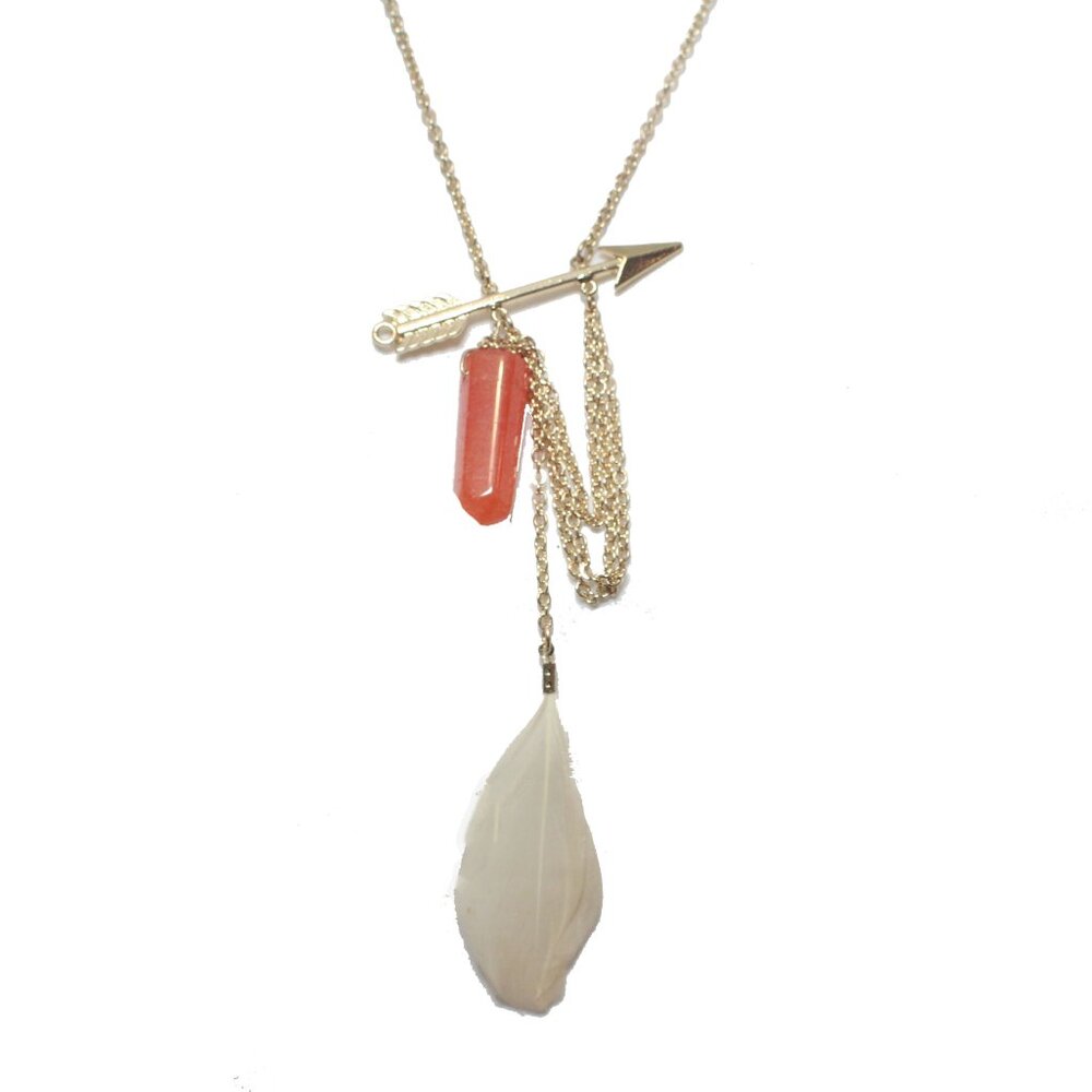 ✨Bohemian Feather Gold Arrow  Orange Crystal Quartz Stone Necklace✨